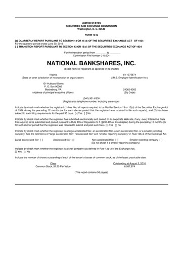 Thumbnail National Bankshares 10-Q Quarterly Report FY2016 