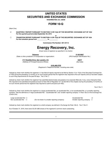 Thumbnail Energy Recovery
 10-Q Quarterly Report FY2016 
