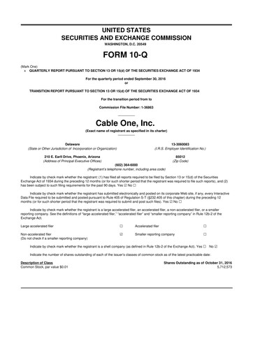 Miniature Cable One 10-Q Rapport trimestriel 2016 