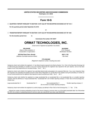 Miniature Ormat Technologies
 10-Q Rapport trimestriel 2016 