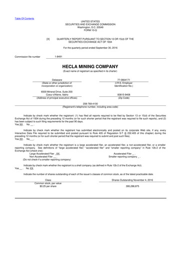 Miniature Hecla Mining
 10-Q Rapport trimestriel 2016 