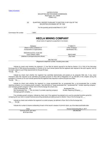 Miniature Hecla Mining
 10-Q Rapport trimestriel 2017 