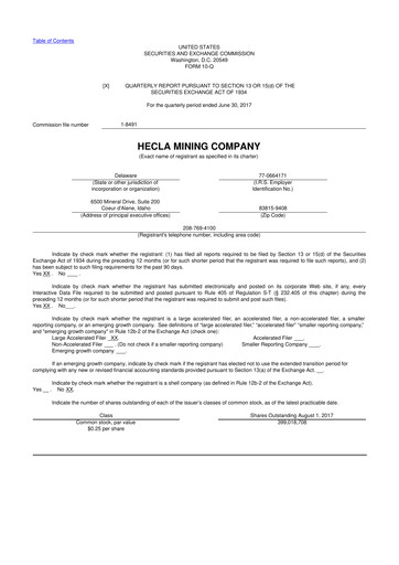 Miniature Hecla Mining
 10-Q Rapport trimestriel 2017 