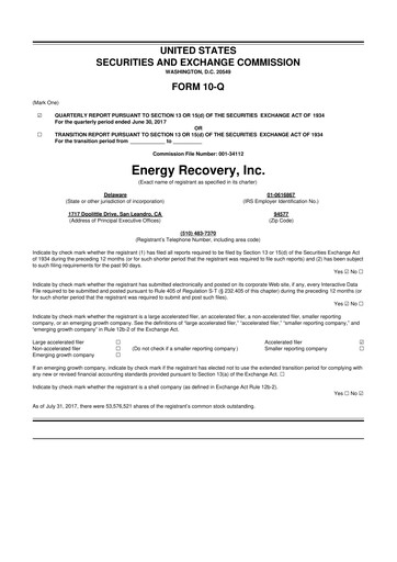 Thumbnail Energy Recovery
 10-Q Quarterly Report FY2017 