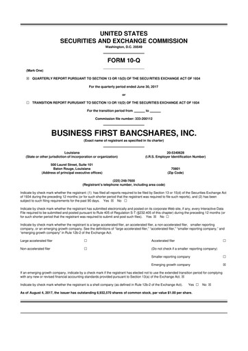 Thumbnail Business First Bancshares 10-Q Quarterly Report FY2017 