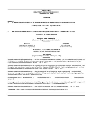 Miniature Monolithic Power Systems 10-Q Rapport trimestriel 2017 