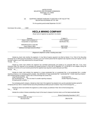 Miniature Hecla Mining
 10-Q Rapport trimestriel 2017 