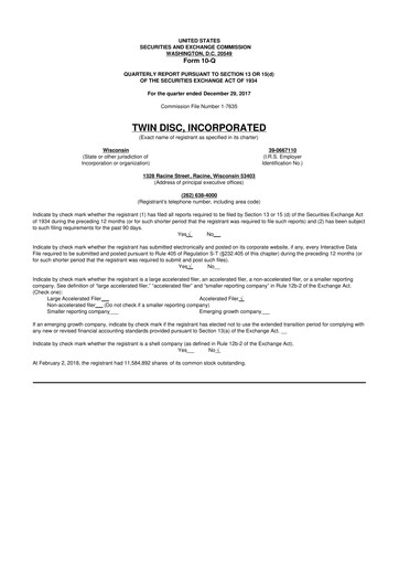 Thumbnail Twin Disc
 10-Q Quarterly Report FY2018 