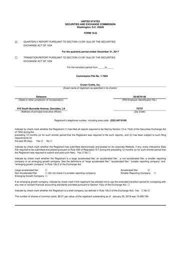 Miniature Crown Crafts 10-Q Rapport trimestriel 2018 