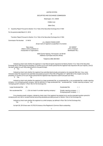 Thumbnail J&J Snack Foods
 10-Q Quarterly Report FY2018 