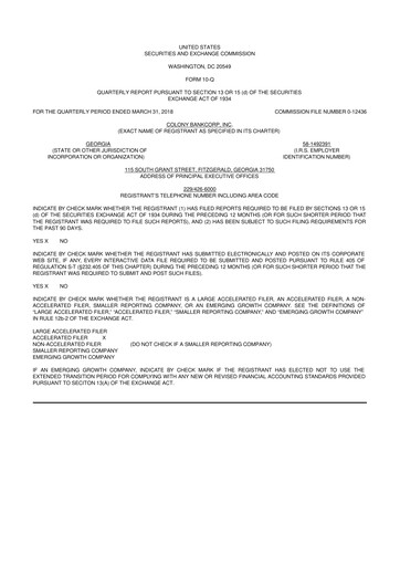 Vorschaubild Colony Bankcorp 10-Q Quartalsbericht 2018 