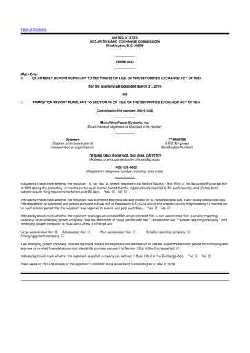 Miniature Monolithic Power Systems 10-Q Rapport trimestriel 2018 