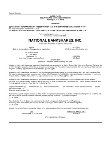 Thumbnail National Bankshares 10-Q Quarterly Report FY2018 