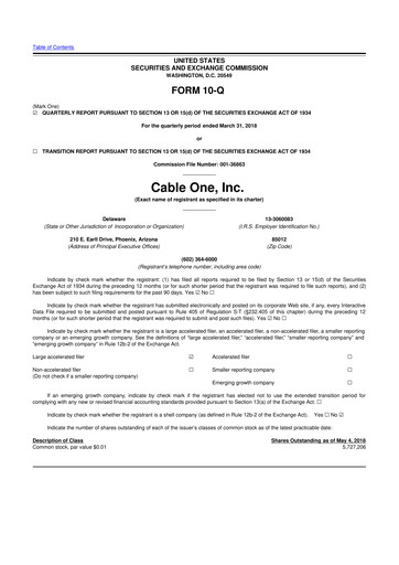 Miniature Cable One 10-Q Rapport trimestriel 2018 