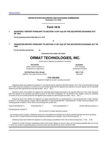 Miniature Ormat Technologies
 10-Q Rapport trimestriel 2018 