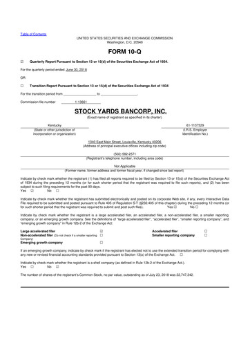 Thumbnail Stock Yards Bancorp 10-Q Quarterly Report FY2018 
