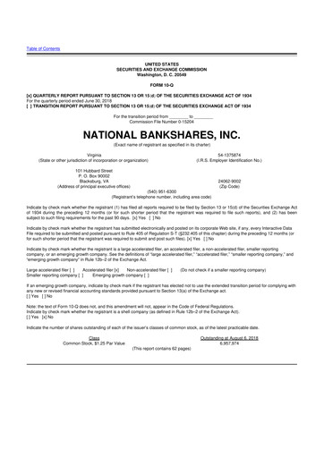 Thumbnail National Bankshares 10-Q Quarterly Report FY2018 