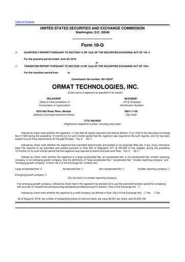Miniature Ormat Technologies
 10-Q Rapport trimestriel 2018 