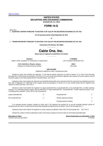 Miniature Cable One 10-Q Rapport trimestriel 2018 