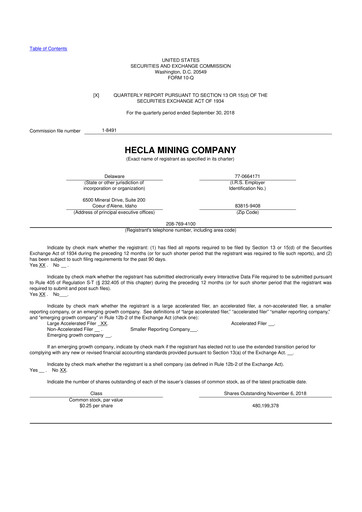 Miniature Hecla Mining
 10-Q Rapport trimestriel 2018 