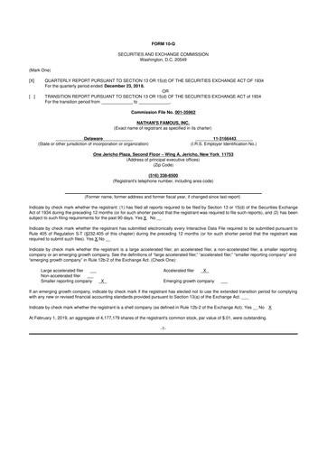 Miniature Nathan's Famous 10-Q Rapport trimestriel 2019 