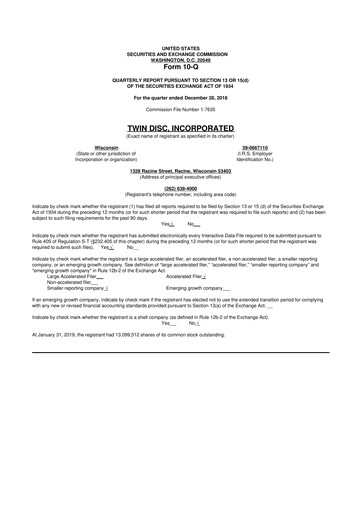 Thumbnail Twin Disc
 10-Q Quarterly Report FY2019 