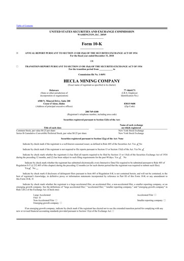 Thumbnail Hecla Mining
 10-K Annual Report 2018