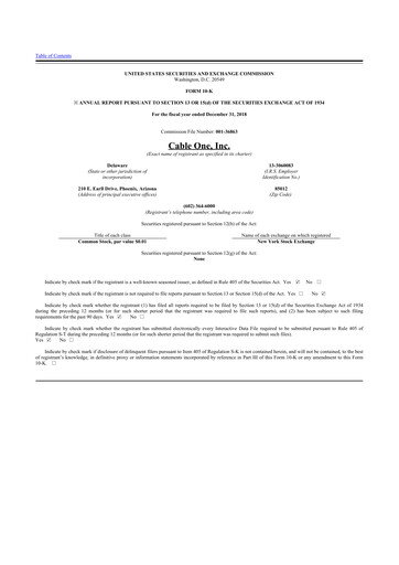 Thumbnail Cable One 10-K Annual Report 2018