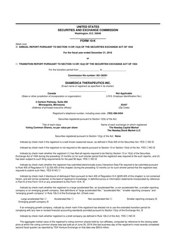Thumbnail DiaMedica Therapeutics 10-K Annual Report 2018