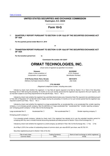 Miniature Ormat Technologies
 10-Q Rapport trimestriel 2019 