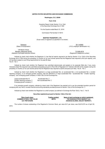 Thumbnail Marten Transport 10-Q Quarterly Report FY2019 
