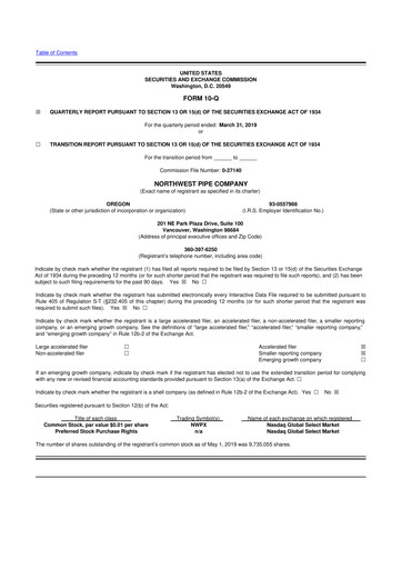 Thumbnail Northwest Pipe Company
 10-Q Quarterly Report FY2019 