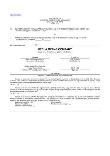 Miniature Hecla Mining
 10-Q Rapport trimestriel 2019 
