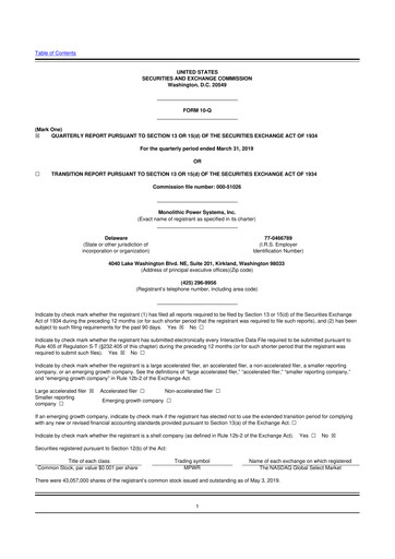 Miniature Monolithic Power Systems 10-Q Rapport trimestriel 2019 