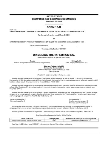 Thumbnail DiaMedica Therapeutics 10-Q Quarterly Report FY2019 