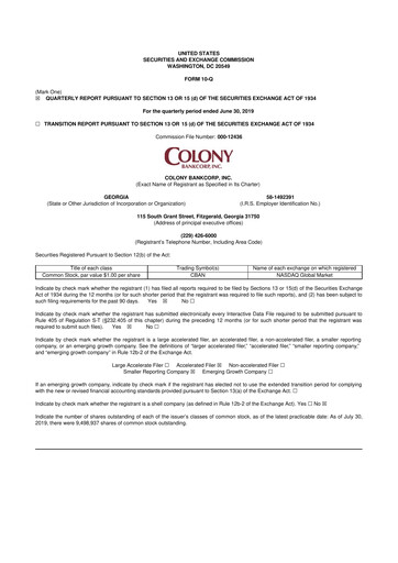 Vorschaubild Colony Bankcorp 10-Q Quartalsbericht 2019 
