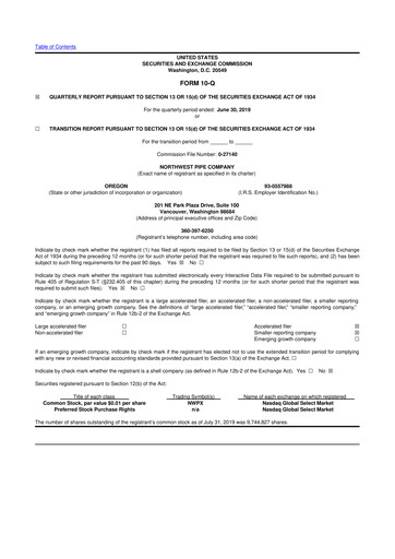 Thumbnail Northwest Pipe Company
 10-Q Quarterly Report FY2019 