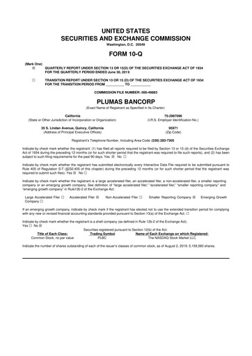 Vorschaubild Plumas Bancorp 10-Q Quartalsbericht 2019 