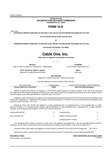 Miniature Cable One 10-Q Rapport trimestriel 2019 