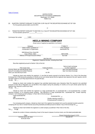 Miniature Hecla Mining
 10-Q Rapport trimestriel 2019 