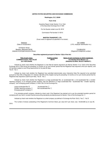 Thumbnail Marten Transport 10-Q Quarterly Report FY2019 