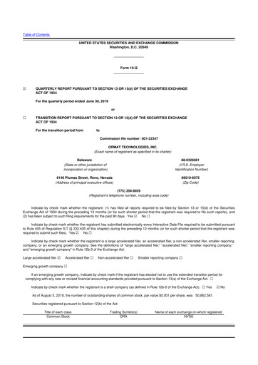 Miniature Ormat Technologies
 10-Q Rapport trimestriel 2019 