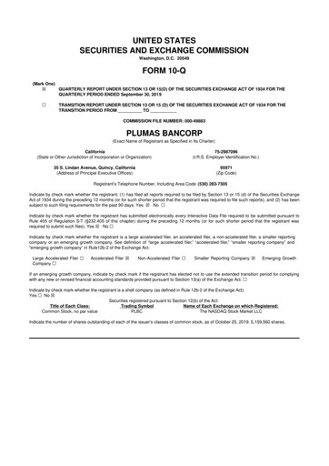 Vorschaubild Plumas Bancorp 10-Q Quartalsbericht 2019 