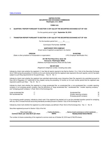 Thumbnail Northwest Pipe Company
 10-Q Quarterly Report FY2019 