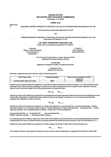 Thumbnail J. B. Hunt
 10-Q Quarterly Report FY2019 