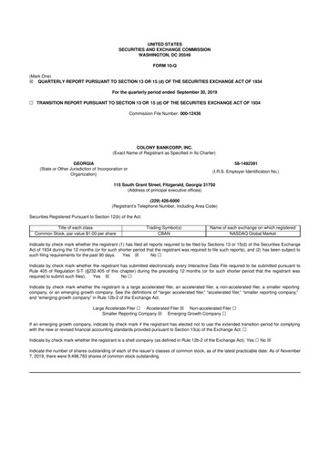 Vorschaubild Colony Bankcorp 10-Q Quartalsbericht 2019 