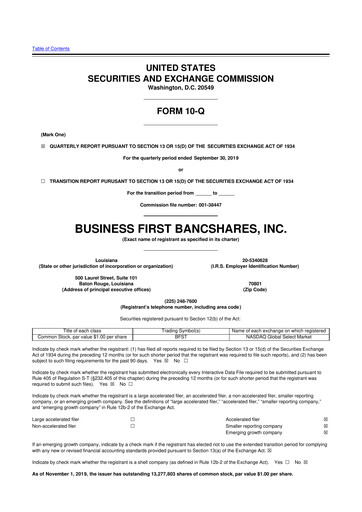 Thumbnail Business First Bancshares 10-Q Quarterly Report FY2019 