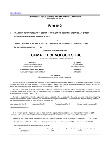 Miniature Ormat Technologies
 10-Q Rapport trimestriel 2019 