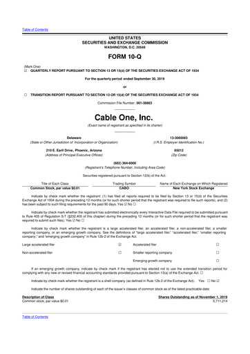 Miniature Cable One 10-Q Rapport trimestriel 2019 