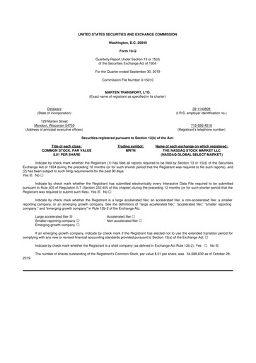 Thumbnail Marten Transport 10-Q Quarterly Report FY2019 